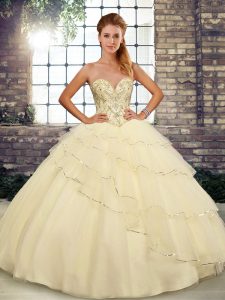 Trendy Lace Up 15 Quinceanera Dress Light Yellow for Military Ball and Sweet 16 and Quinceanera with Beading and Ruffled Layers Brush Train