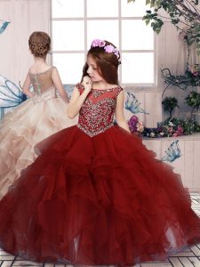 Custom Made Red Scoop Lace Up Beading and Ruffles Child Pageant Dress Sleeveless