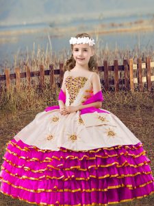 Sleeveless Organza Floor Length Lace Up Pageant Dress Toddler in Fuchsia with Beading and Embroidery and Ruffled Layers