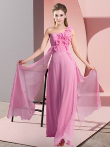 Superior Rose Pink One Shoulder Neckline Hand Made Flower Quinceanera Dama Dress Sleeveless Lace Up