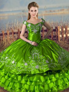 Noble Green Lace Up Off The Shoulder Embroidery and Ruffled Layers Sweet 16 Dress Satin Sleeveless