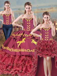 Colorful Burgundy Lace Up Sweetheart Embroidery and Ruffles Vestidos de Quinceanera Satin and Organza Sleeveless Brush Train