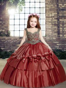 Sleeveless Floor Length Beading Lace Up Little Girls Pageant Gowns with Red