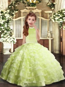 Yellow Green Sleeveless Floor Length Beading and Ruffled Layers Backless High School Pageant Dress