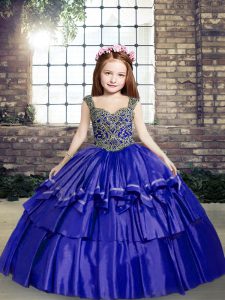 Beading Little Girl Pageant Gowns Blue Lace Up Sleeveless