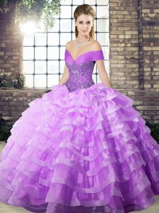 Lavender Sleeveless Beading and Ruffled Layers Lace Up Vestidos de Quinceanera