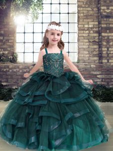 Peacock Green Tulle Lace Up Little Girls Pageant Dress Wholesale Sleeveless Floor Length Beading and Ruffles