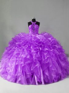 Fashionable Purple Ball Gowns Beading and Ruffles Quinceanera Gowns Zipper Organza Sleeveless