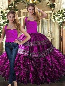 Fuchsia Halter Top Lace Up Embroidery and Ruffles 15 Quinceanera Dress Sleeveless