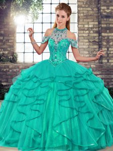 Stylish Tulle Halter Top Sleeveless Lace Up Beading and Ruffles Quinceanera Gown in Turquoise