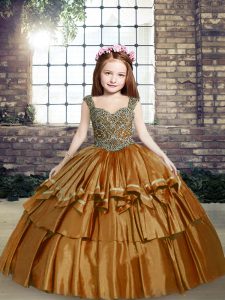 Affordable Sleeveless Floor Length Beading Lace Up Kids Pageant Dress with Brown