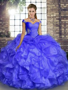 Fancy Ball Gowns Quinceanera Gown Lavender Off The Shoulder Organza Sleeveless Floor Length Lace Up