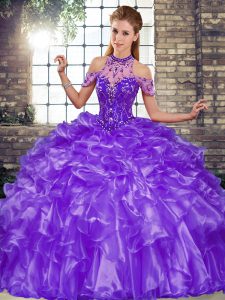 Comfortable Purple Ball Gowns Beading and Ruffles 15th Birthday Dress Lace Up Organza Sleeveless Floor Length