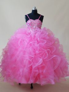 Custom Fit Rose Pink Spaghetti Straps Neckline Beading and Ruffles Pageant Dress for Teens Sleeveless Lace Up
