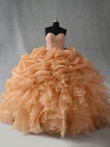 Gold Ball Gowns Sweetheart Sleeveless Organza Floor Length Lace Up Beading and Ruffles and Pick Ups Quinceanera Gowns