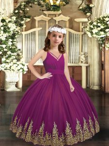 Purple Tulle Zipper V-neck Sleeveless Floor Length Pageant Gowns For Girls Embroidery