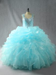 Sleeveless Beading and Ruffles Zipper Vestidos de Quinceanera with Aqua Blue