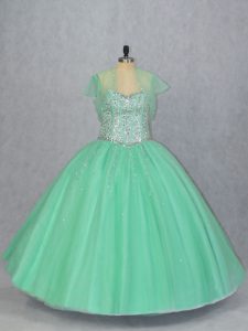 Chic Sleeveless Floor Length Beading Lace Up Sweet 16 Quinceanera Dress with Apple Green