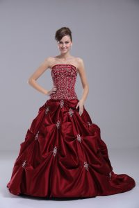 Cute Taffeta Sleeveless Quinceanera Gown Brush Train and Embroidery and Pick Ups