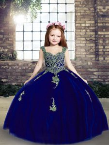 Tulle Straps Sleeveless Lace Up Appliques Girls Pageant Dresses in Royal Blue