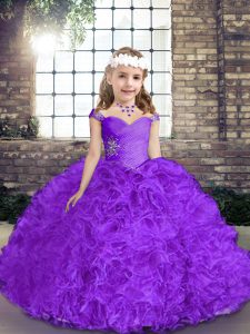 Floor Length Purple Child Pageant Dress Fabric With Rolling Flowers Sleeveless Beading