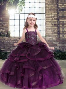 Eggplant Purple Ball Gowns Tulle Straps Sleeveless Beading and Ruffles Floor Length Lace Up Little Girls Pageant Dress