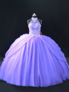 Lavender Sleeveless Floor Length Beading Lace Up Quinceanera Dresses
