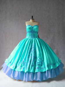 Glorious Aqua Blue Sleeveless Embroidery Floor Length 15th Birthday Dress