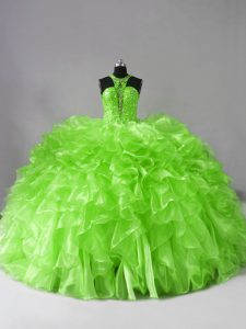 Luxurious Halter Top Zipper Beading and Ruffles Ball Gown Prom Dress Brush Train Sleeveless