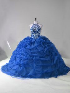 High End Blue Halter Top Lace Up Beading and Pick Ups 15th Birthday Dress Court Train Sleeveless