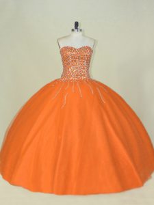 Orange Mermaid Tulle Sweetheart Sleeveless Beading Floor Length Lace Up Ball Gown Prom Dress
