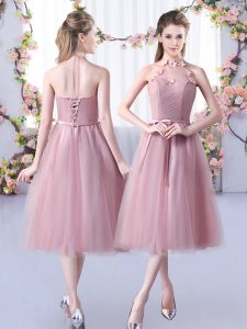 Glorious Appliques and Belt Quinceanera Dama Dress Pink Lace Up Sleeveless Tea Length