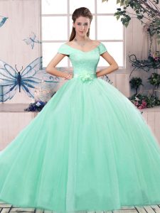 Fine Short Sleeves Tulle Floor Length Lace Up 15 Quinceanera Dress in Apple Green with Lace and Hand Made Flower