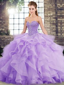 Sleeveless Beading and Ruffles Lace Up Quinceanera Gowns with Lavender Brush Train