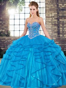 Great Beading and Ruffles Quinceanera Gowns Blue Lace Up Sleeveless Floor Length