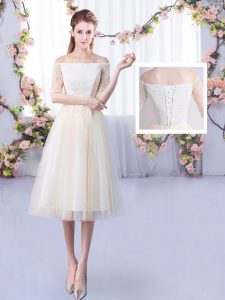 Latest Off The Shoulder Half Sleeves Quinceanera Court of Honor Dress Ankle Length Lace Champagne Tulle