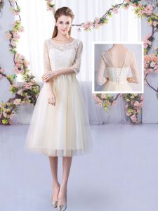 Cheap Champagne Lace Up Scoop Lace Dama Dress Tulle Half Sleeves