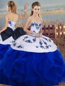Royal Blue Vestidos de Quinceanera Military Ball and Sweet 16 and Quinceanera with Embroidery and Ruffles and Bowknot Sweetheart Sleeveless Lace Up