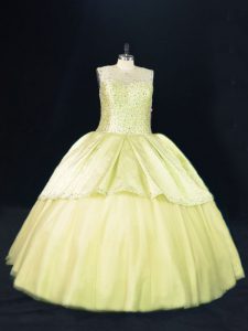 Luxurious Tulle Scoop Sleeveless Lace Up Beading Sweet 16 Dress in Yellow Green