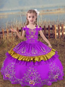 Luxurious Floor Length Purple Kids Formal Wear Satin Sleeveless Beading and Embroidery