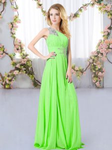 Empire One Shoulder Sleeveless Chiffon Floor Length Zipper Beading Vestidos de Damas
