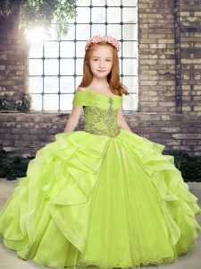 Yellow Green Straps Lace Up Beading and Ruffles Pageant Gowns For Girls Sleeveless