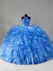 Custom Fit Organza Scoop Sleeveless Brush Train Zipper Beading and Ruffles 15 Quinceanera Dress in Blue