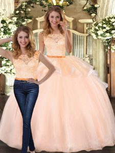 Colorful Peach Sleeveless Floor Length Lace Zipper Quinceanera Dress