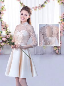 Comfortable Satin High-neck Half Sleeves Lace Up Lace and Belt Court Dresses for Sweet 16 in Champagne