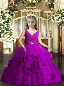 Purple Ball Gowns V-neck Sleeveless Organza Floor Length Backless Beading and Ruching Kids Pageant Dress