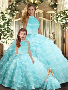 Excellent Organza Halter Top Sleeveless Backless Beading and Ruffled Layers 15th Birthday Dress in Aqua Blue