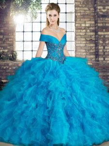 Sexy Ball Gowns Sweet 16 Dress Blue Off The Shoulder Tulle Sleeveless Floor Length Lace Up