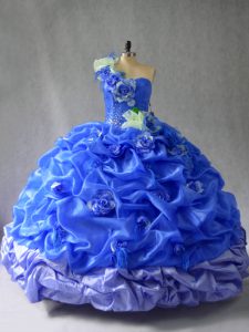 Blue Lace Up One Shoulder Pick Ups and Hand Made Flower Quinceanera Gowns Organza Sleeveless