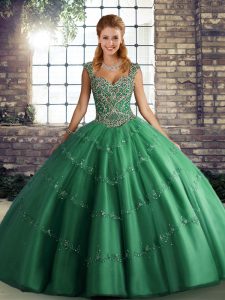 Artistic Straps Sleeveless Lace Up Quinceanera Gown Green Tulle